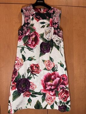 Dolce & Gabbana Floral Jacquard Dress in White, Pink & Green